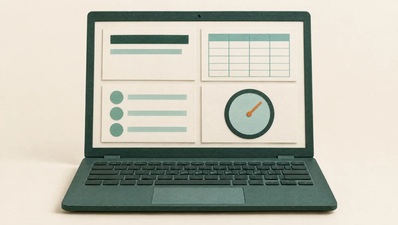 Nahansicht eines Papier-Laptops mit vier schlichten Bildschirmflächen für Dokumente, Tabellen, Aufgaben und einen Timer.