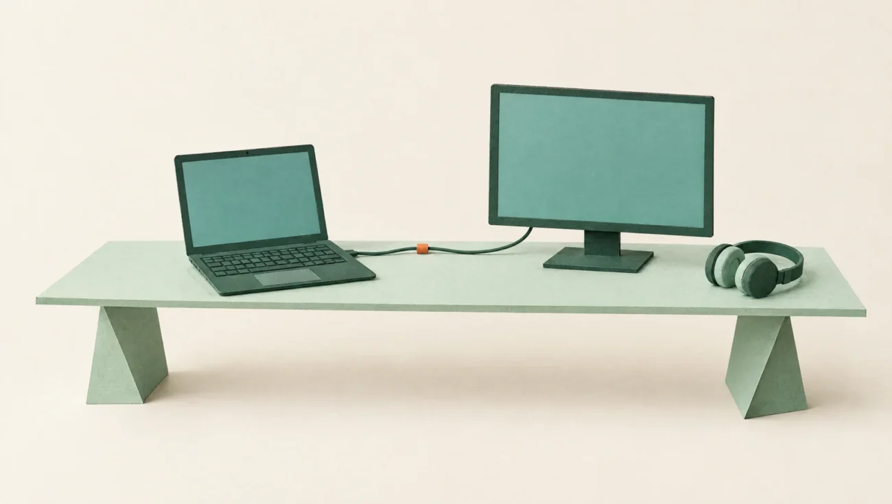 Papierillustration eines Schreibtischs mit geöffnetem Laptop, einem angeschlossenen externen Bildschirm und Kopfhörern.