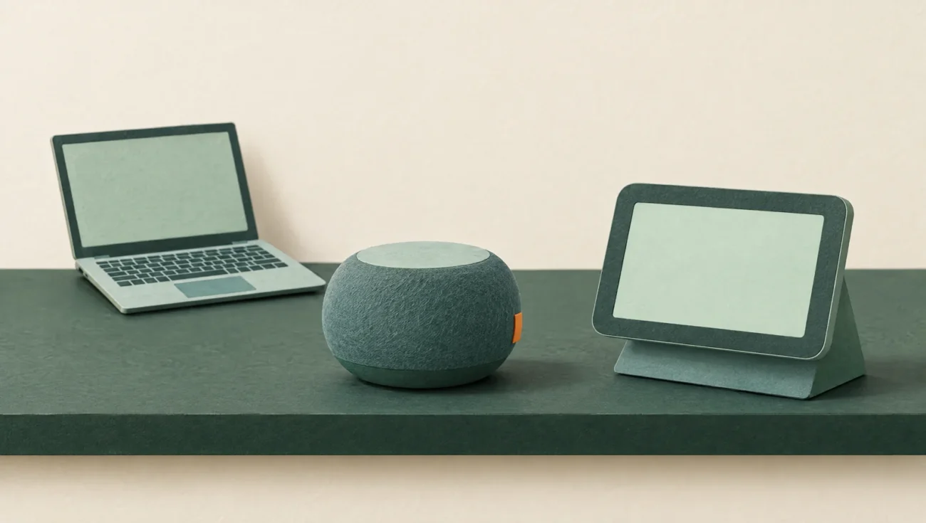 Papiermodelle eines kompakten smarten Lautsprechers und eines Displaygeräts; seitlich dahinter steht ein geöffneter Laptop.