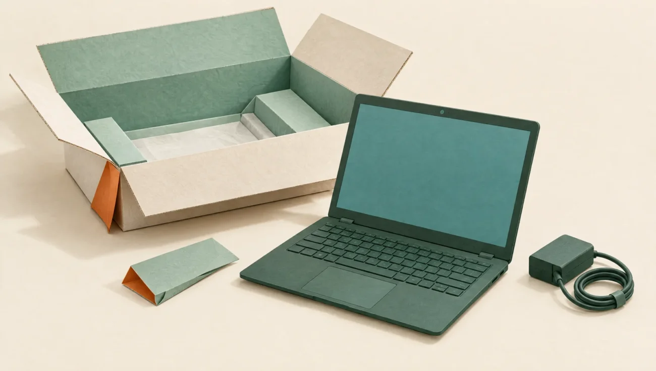 Geöffneter Laptop neben einem aufgefalteten Versandkarton und einem Netzteil, als Papierillustration.