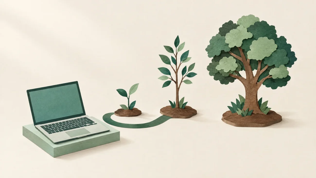 Papierillustration eines Laptops neben einem Keimling, einem jungen und einem großen Baum als Sinnbild für Wachstum.