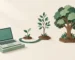 Papierillustration eines Laptops neben einem Keimling, einem jungen und einem großen Baum als Sinnbild für Wachstum.